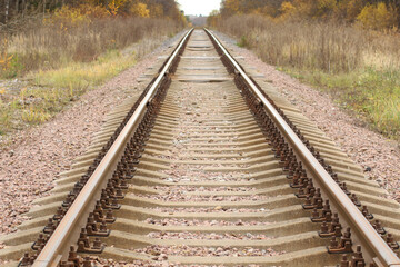 Obraz premium Autumn background - the railway tracks recede over the horizon.