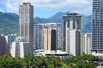 Waikiki condos with the Koolau mountains as the backdrop on Oahu, Hawaii. 