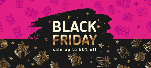 Black Friday Sale. Doodle icons of gift box.	
