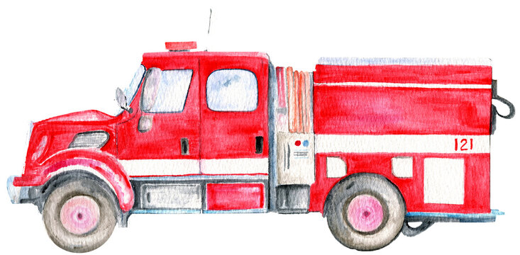 Fire track watercolor illustration. Red fire vehicle in hand drawn style.