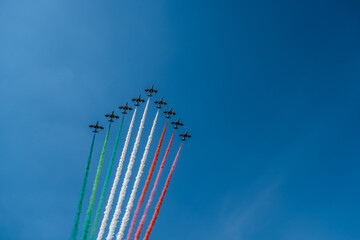 The Italian "Tricolour Arrows" make a show in the sky of Turin for the Coronavirus on may 2020