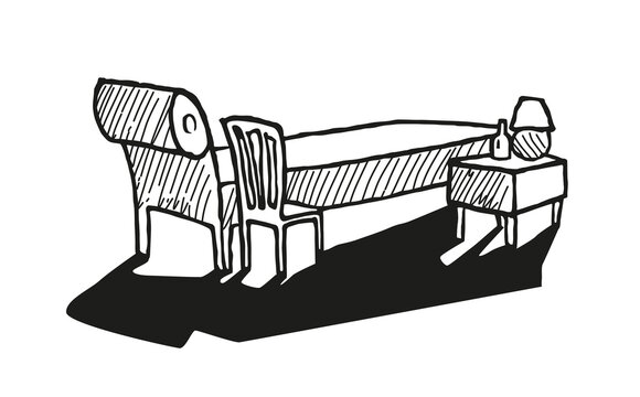 Isolated room psychoanalyst furniture. Sofa, chair, little table and lamp. Black and white sketch hand drawn style vector illustration.