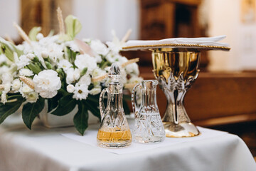 altar and holy gifts: bread and wine prepared for the liturgy that will become the body and blood of Jesus Christ during the liturgy