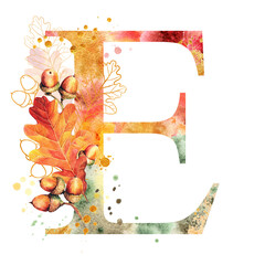 Fall Watercolor Letter E. Watercolor Autumn Alphabet. Monogram E with autumn oak leaves & acorns. Golden silhouettes, colorful spots. Perfect for wedding invites decoration, baby shower, birthdays etc