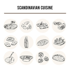 Scandinavian cuisine Menu doodle icons on chalkboard. Vector illustration