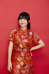 Asian woman wear Chinese dress with action