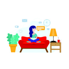 Fototapeta na wymiar vector illustration with a young girl sitting and working in her living room. Stay at home. Work remotely.