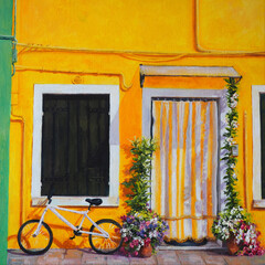 Fototapeta na wymiar Original Oil Painting on Canvas - Yellow House With Blooming Flowers, on Island Burano, Venice, Italy, Colorful Artistic Italian Landscape Wall Art Decor