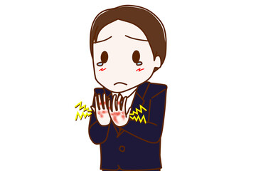 両手の手荒れが酷くてヒリヒリ痛いスーツ姿の男性