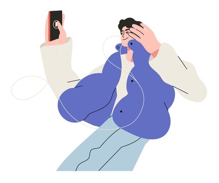 Young man or teanager listen to music or audio book and wear earphones isolated on white background. Vector illustration of cartoon male character listening audio through earphone and enjoy sound.