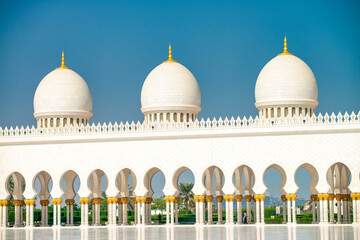 An exterior view of the Sheikh Zayed Grand Mosque. It is the largest mosque in the country, and the key place of worship for daily, Friday and Eid prayers