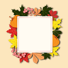 Autumn frame with leaves, berries and pumpkins 