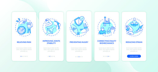 Muscle pain relieve blue onboarding mobile app page screen with concepts. Kinesiology treatment walkthrough 5 steps graphic instructions. UI vector template with RGB color illustrations