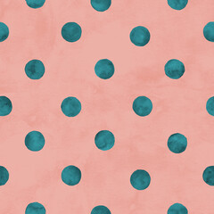 Polka dot watercolor seamless pattern. Abstract watercolour teal color circles on red background
