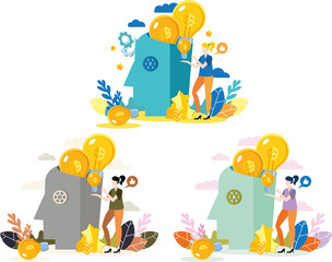 Fototapeta premium illustration of business graphics, people putting new ideas in their head, abstract human head filled with light bulbs as ideas. Bright modern flat design. 