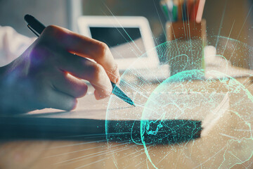 Social network theme hologram over woman's hands writing background. Concept of international...
