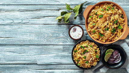 Pakistani food - biryani rice with chicken and raita yoghurt dip. Delicious hyberabadi chicken biryani on gray wooden background. Top view or flat lay. Copy space for text or design. Banner
