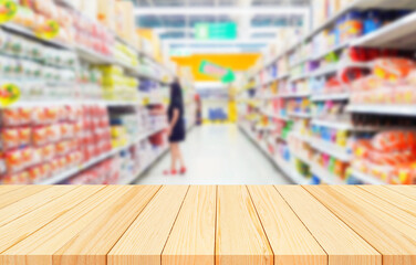 Wood floor and Supermarket blur background, Product display, template,