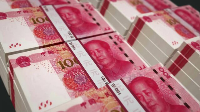 Chinese yuan money pack loop 3d animation. Camera over the 100 China RMB banknote bundle stacks. Loopable seamless concept financial growth, economy crisis, business and Renminbi recession.