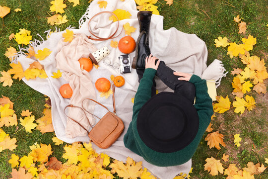 Woman resting in autumn park, top view