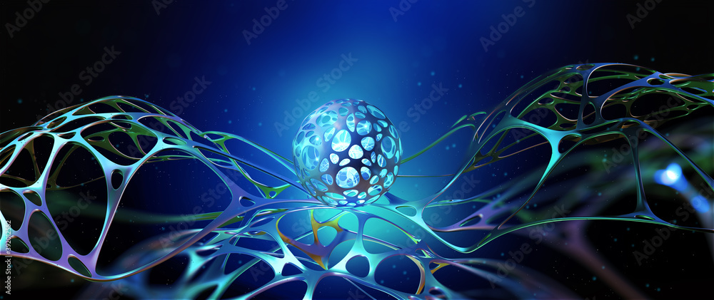 Poster Future processor. Quantum CPU in the nanotech computer network. 3d illustration of digital cyberspace with abstract neural network