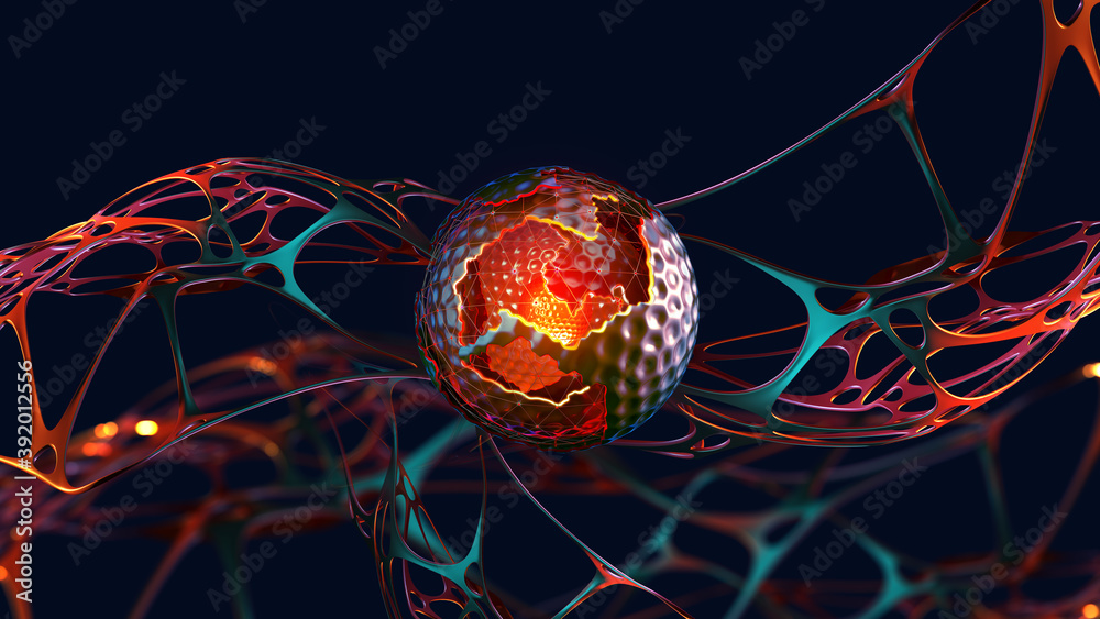 Poster Future processor. Quantum CPU in the nanotech computer network. 3d illustration of digital cyberspace with abstract neural network