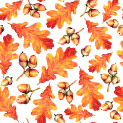 Seamless raster pattern with watercolor autumn oak leaves and acorns. Perfect for greetings, invitations, manufacture wrapping paper, textile, wedding and web design.