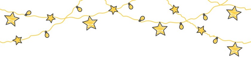 Hand drawn sketch garlands with stars and light bulbs. Vector illustration.