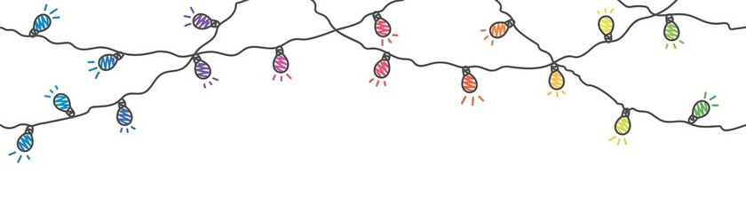 Christmas lights glow bulbs on wires. Hand drawn vector illustration.