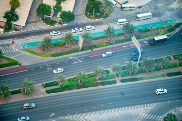 Abu Dhabi downtown traffic aerial view, UAE