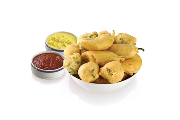 Indian Street Fried Food Pakora Also Know as Pakoda, Bhajiya, Bhajia, Methi Gota, Kanda Bhaji, Pyaz Pakoda, Fried Chillies, Onion Wada, potato vada, aloo Bhaji or fritter, Served with Chutney.