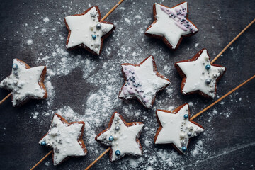 christmas gingerbread cookies on wooden background