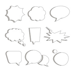 Set of empty outline white bubble speech and thought. Cartoon drawn pop art and versus comic bubbles template. Vector illustration isolated on white background.