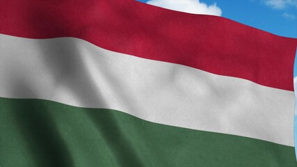 Hungary flag waving in the wind, blue sky background. 3d rendering