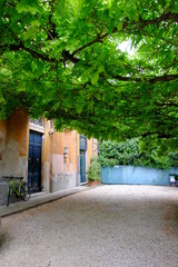 Fototapeta na wymiar Italian style house with trees makes it look shady. 
