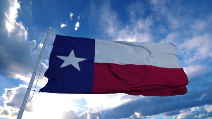Texas flag on a flagpole waving in the wind, blue sky background. 3d rendering