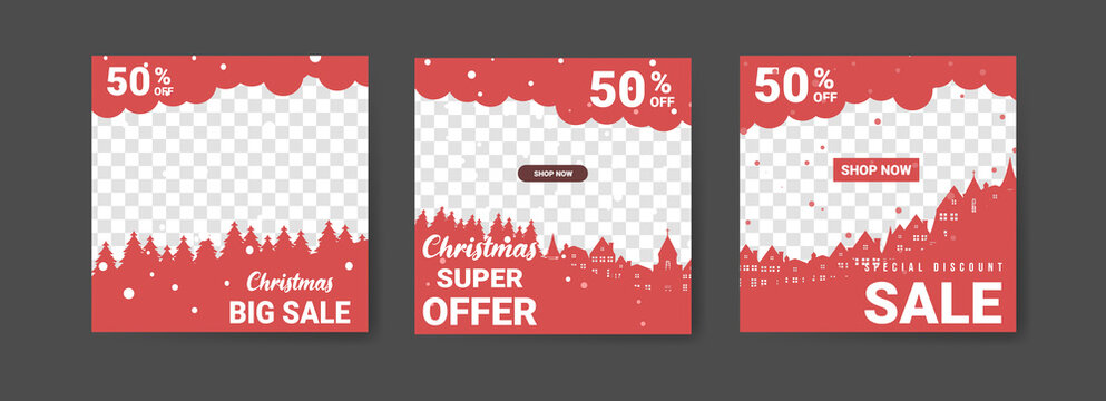 Social Media Post Templates For Digital Marketing And Sales Promotion On Christmas And New Year. Fashion Advertising. Offer Social Media Banners. Vector Photo Frame Mockup Illustration