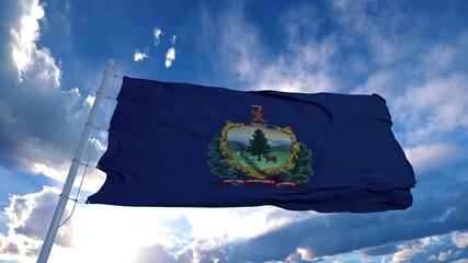 Vermont flag on a flagpole waving in the wind, blue sky background. 3d rendering