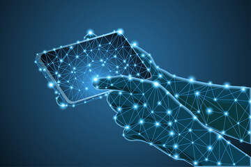 Hands holding mobile smartphone low poly wireframe