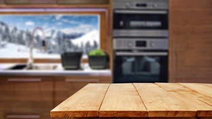 Desk of free space and kitchen inerior 