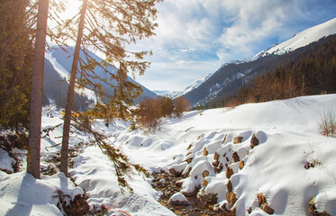 Naklejka na ściany i meble snow mountains landscape panorama in bulgarian ski resort Bansko, Bulgaria ,forest