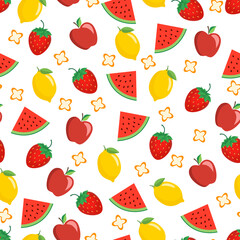 Seamless pattern of watermelon, strawberry, lemon, apple. Vector illustration