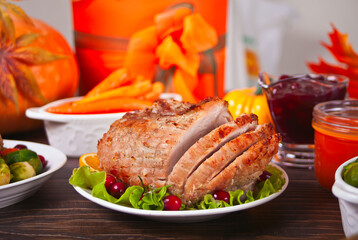 Traditional sliced honey glazed ham for festive Christmas or Thanksgiving table