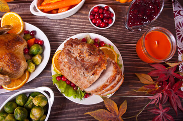 Traditional sliced honey glazed ham for festive Christmas or Thanksgiving table
