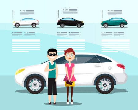 Car Dealer Flyer with Happy Man and Woman, Cars and Sample Texts