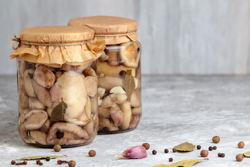 Canned mushroom. Marinated mushrooms in jar. Delicious pickled forest cep with herbs in tin....