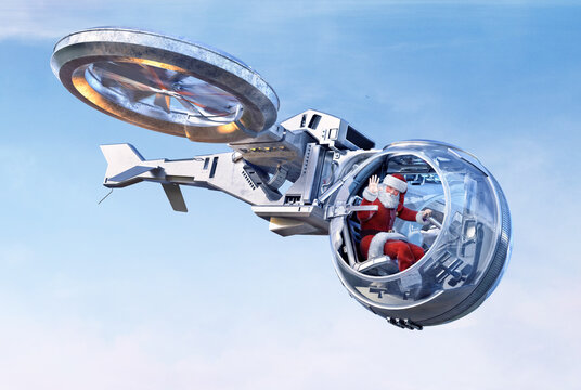 Modern Santa Claus drone, Christmas and New Year 3D illustration. Funny smiling Santa Claus flying on UAV drone quadcopter delivering Christmas presents, gifts, waving hand. 2021 greeting card, poster