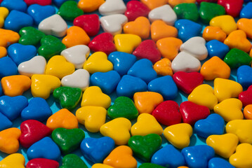 Background from small colored hearts. Concept of  Valintine`s day background Flat lay