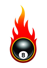 Vector illustration of billiards pool snooker 8 ball with simple flames. Ideal for stickers, decals, sport logo design element and any kind of decoration.