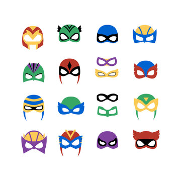 Comic superhero man and women masks set vector illustration in a flat cartoon style isolated on white background. Superhero photo booth.